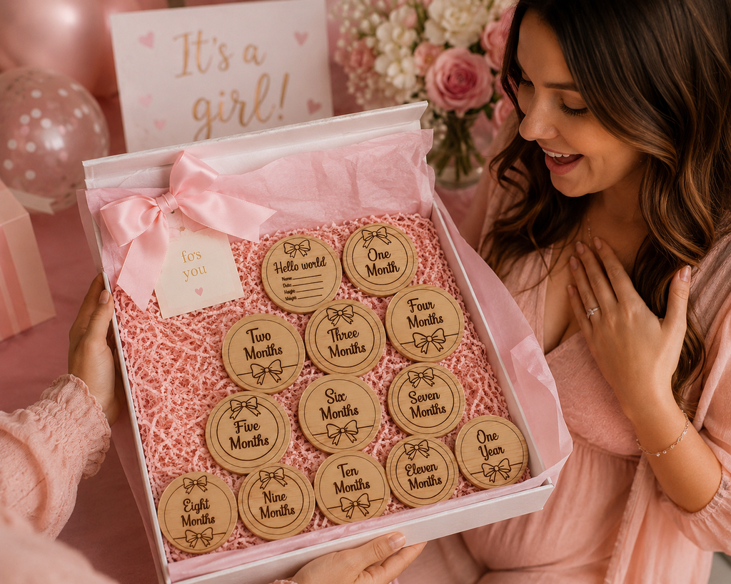 Baby Girl Monthly Milestone Discs – Engraved Wooden Milestone Markers