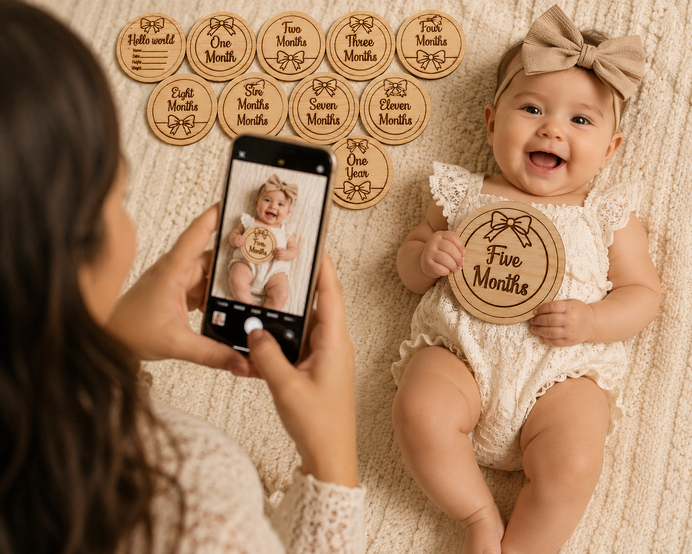 Baby Girl Monthly Milestone Discs – Engraved Wooden Milestone Markers