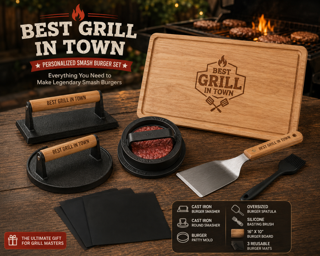 Custom Engraved Cast Iron Smash Burger Press Kit with Serving Board, Burger Mats