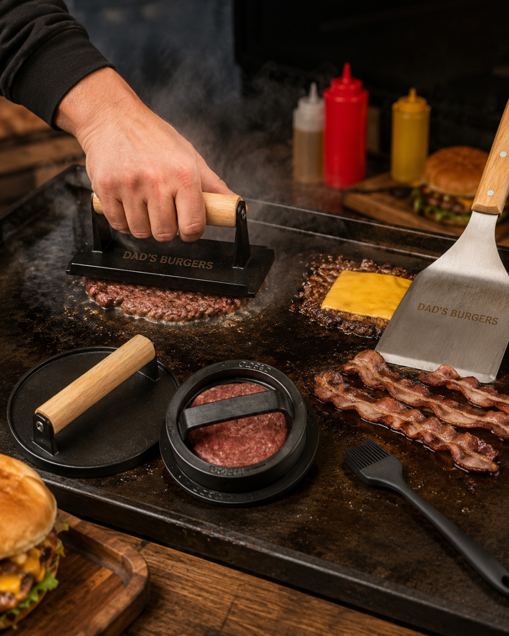 Custom Engraved Cast Iron Smash Burger Press Kit with Serving Board, Burger Mats