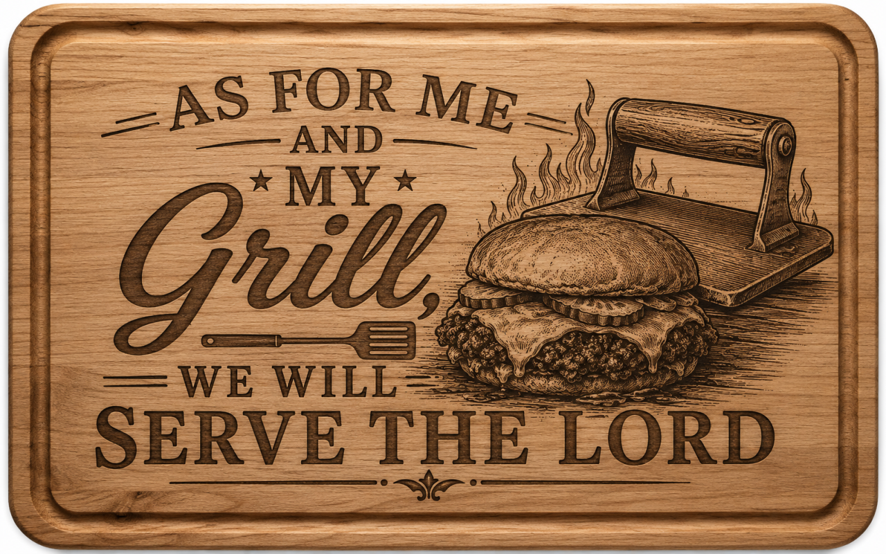 Custom Engraved Cast Iron Smash Burger Press Kit with Serving Board, Burger Mats