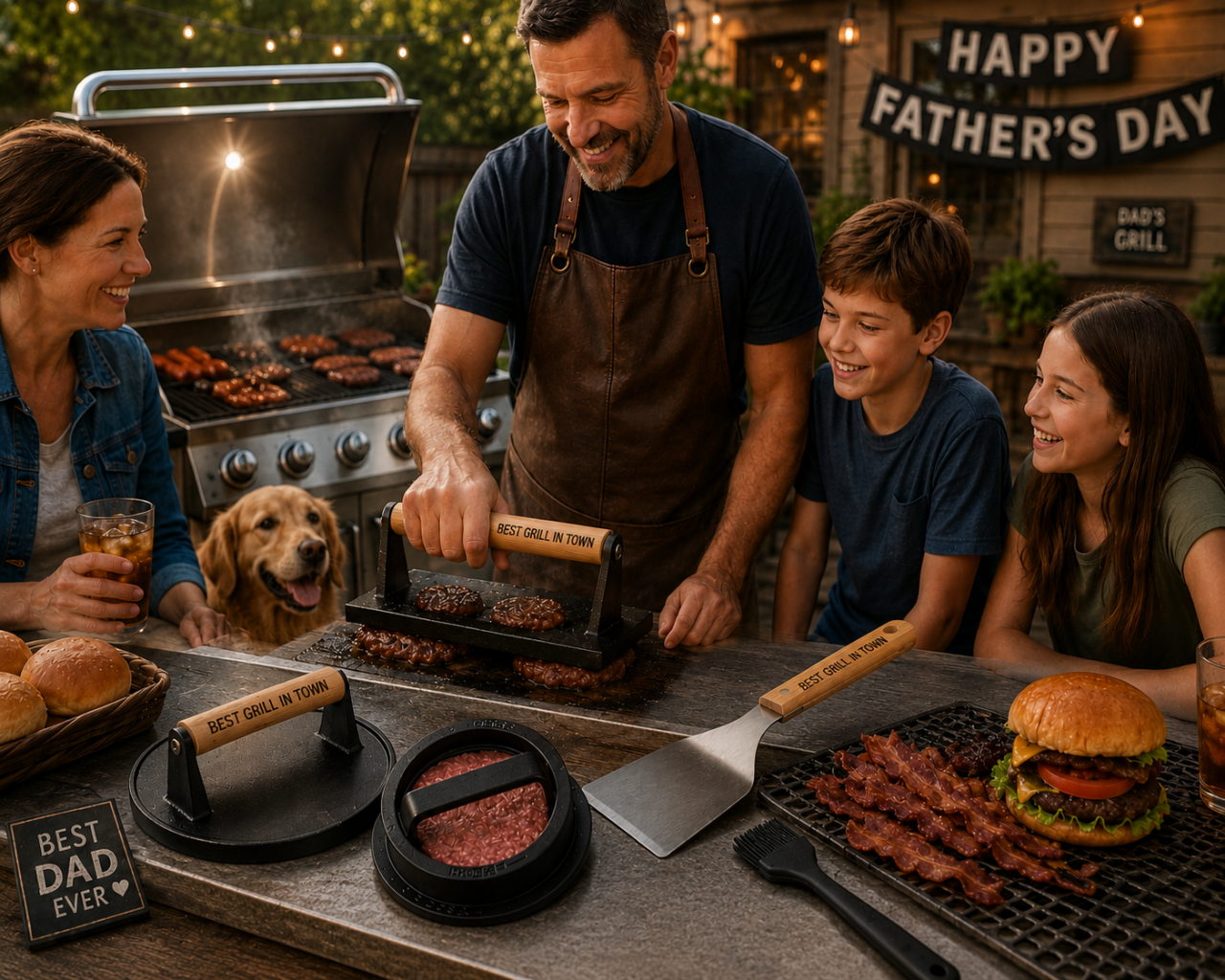 Custom Engraved Cast Iron Smash Burger Press Kit with Serving Board, Burger Mats