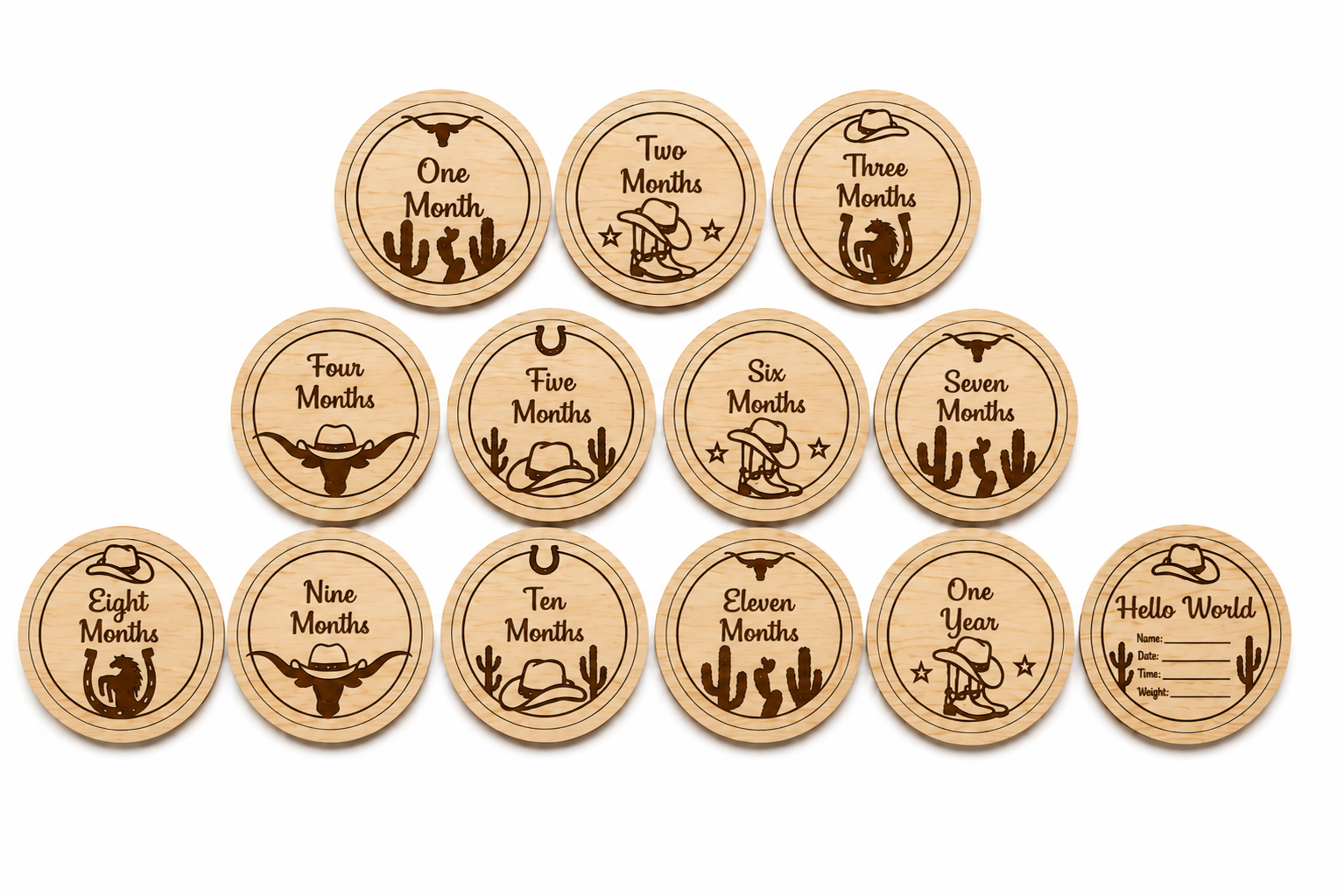 Custom Baby Milestone | Western Cowboy Pine Wood Monthly Markers (13pc Set) English or Spanish